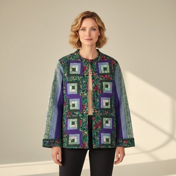 Handmade Jackets & Blazers - Handmade Quilted Patchwork Barn Jacket Green Purple Floral Log Cabin Size XL/1X